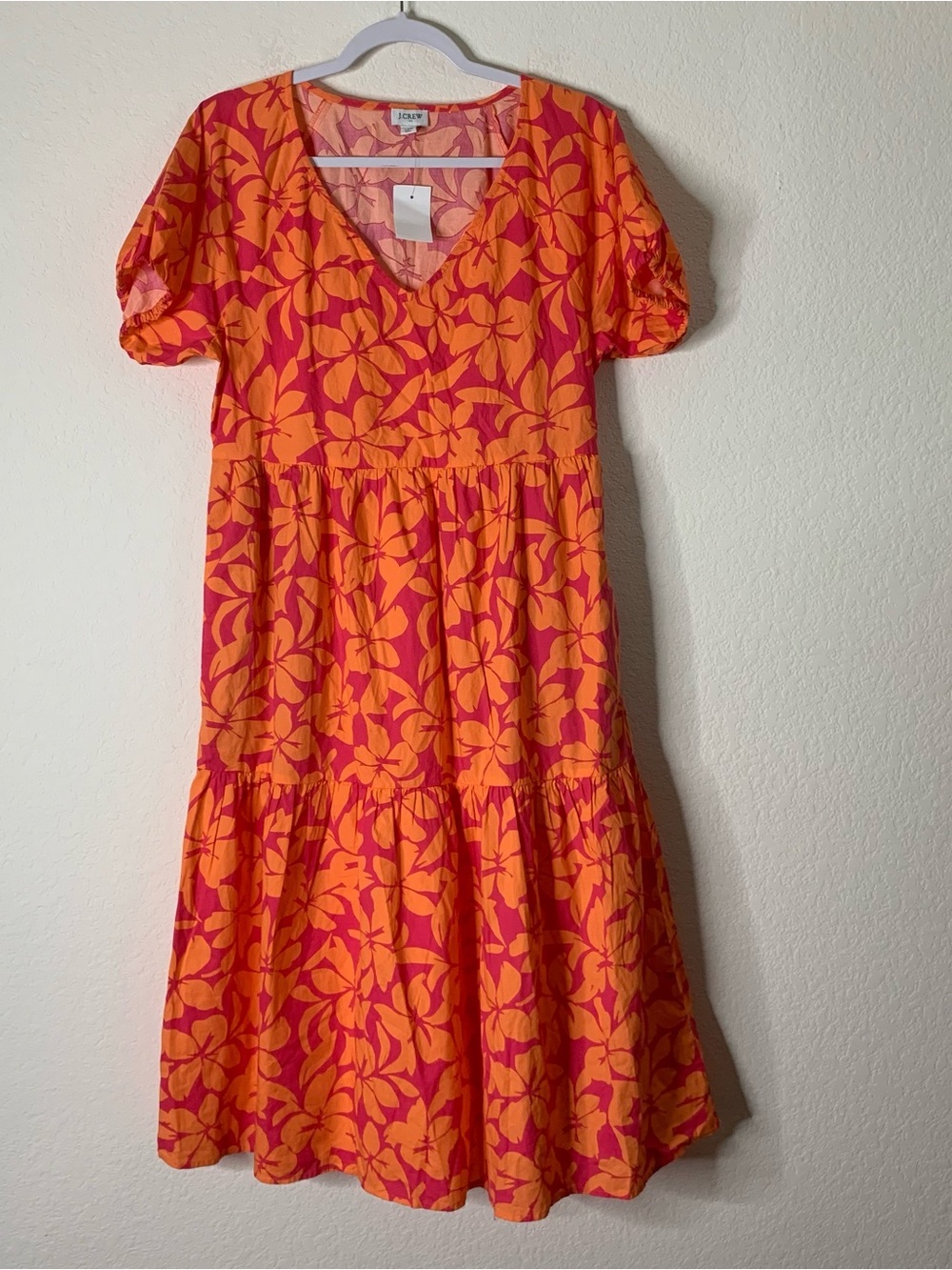 J.Crew factory tiered midi dress orange  pink floral print v-neck puff sleeves